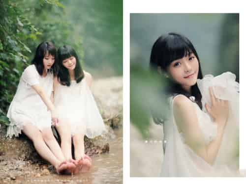 清纯妹子俩溪边嬉水