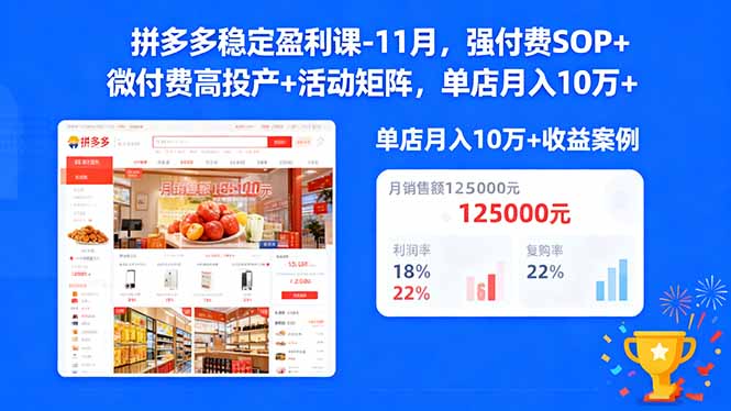 【中创网】拼多多稳定盈利课-11月，强付费SOP+微付费高投产+活动矩阵，单店月入10w+ - 紫橙资源网