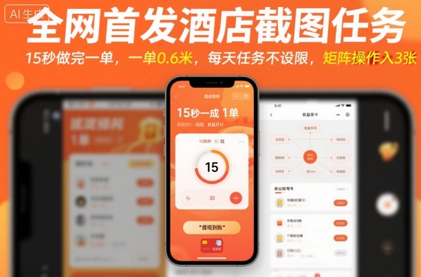 全网首发酒店截图任务，15秒做完一单，一单0.6米，每天任务不设限，矩阵操作日入3张-紫橙资源网