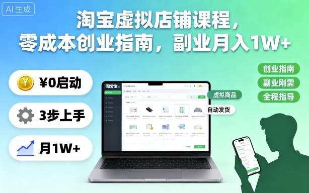 淘宝虚拟店铺课程，零成本创业指南，副业月入1W+-紫橙资源网