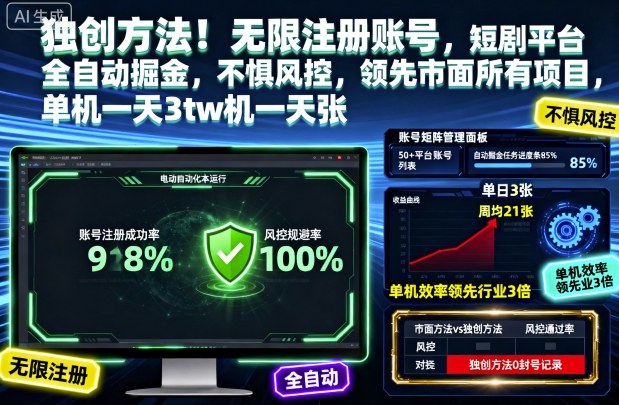 独创方法！无限注册账号，短剧平台全自动掘金，不惧风控，领先市面所有项目，单机一天3张-紫橙资源网