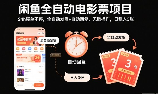 闲鱼全自动电影票项目，24h爆单不停，全自动发货+自动回复，无脑操作，日稳入3张-紫橙资源网