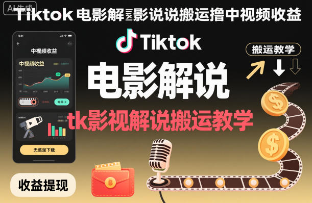 Tiktok电影解说搬运撸中视频收益，tk影视解说搬运教学-紫橙资源网