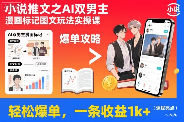 小说推文之AI双男主漫画标记图文玩法实操课，轻松爆单，一条收益1k+-紫橙资源网