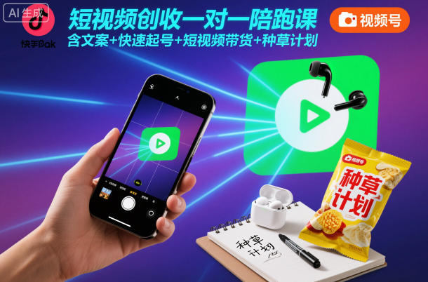 短视频创收一对一陪跑课，含文案+快速起号+短视频带货+种草计划-紫橙资源网