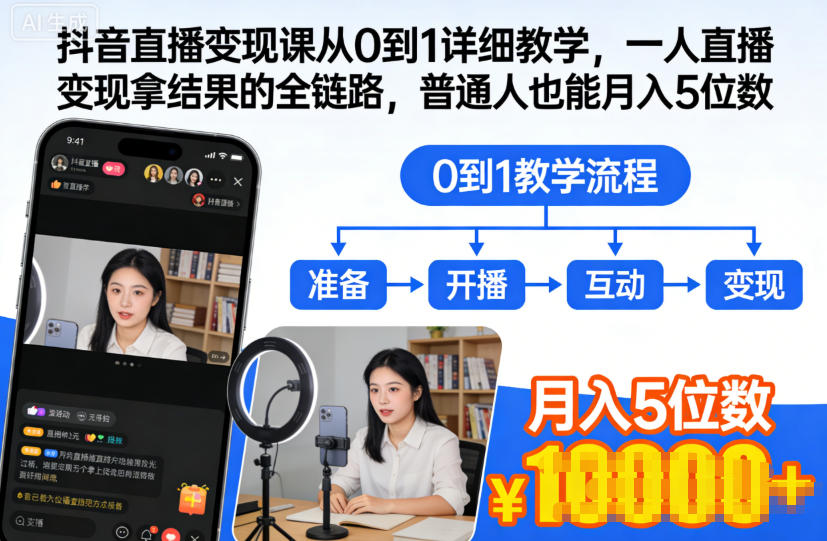 抖音直播变现课从0到1详细教学，一人直播变现拿结果的全链路，普通人也能月入5位数-紫橙资源网