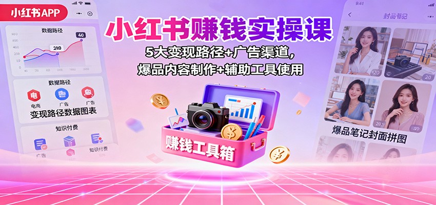 小红书赚钱实操课：5大变现路径+广告渠道，爆品内容制作+辅助工具使用-紫橙资源网