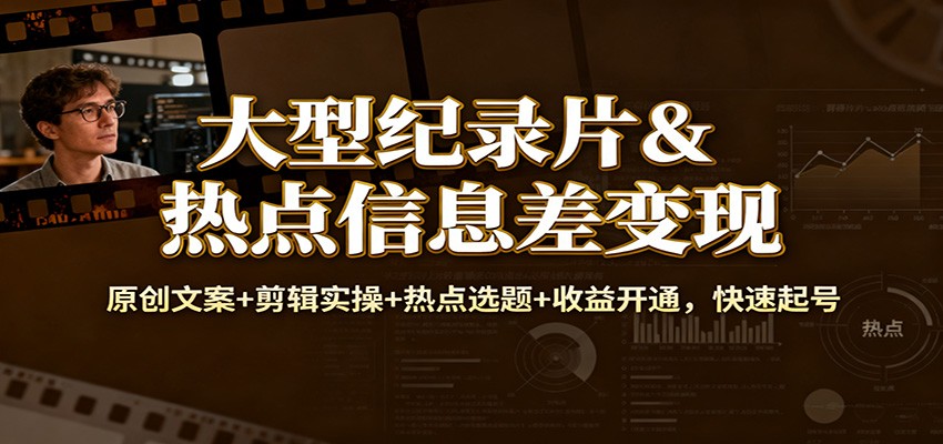 大型纪录片&热点信息差变现：原创文案+剪辑实操+热点选题+收益开通，快速起号-紫橙资源网