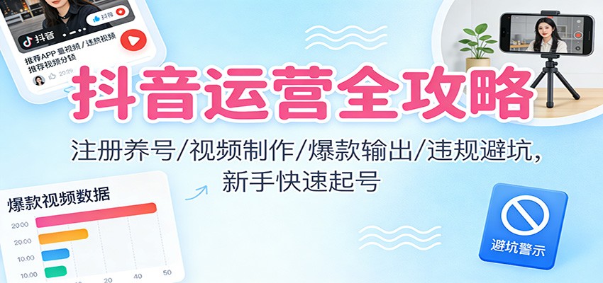抖音运营全攻略：注册养号/视频制作/爆款输出/违规避坑，新手快速起号-紫橙资源网