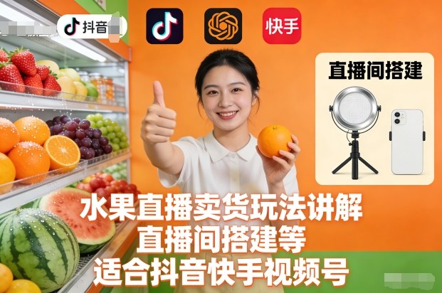 水果直播卖货玩法讲解、直播间搭建等，适合抖音快手视频号-紫橙资源网