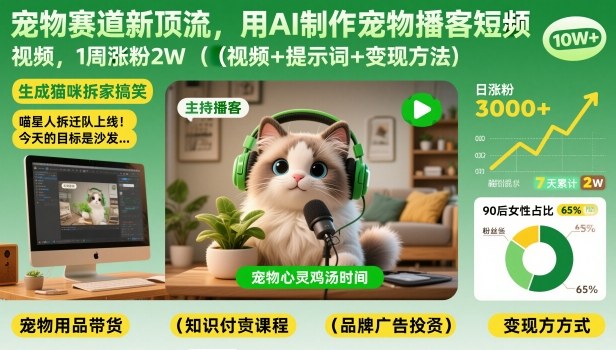 宠物赛道新顶流，用AI制作宠物播客短视频，1周涨粉2W（视频+提示词+变现方法）-紫橙资源网