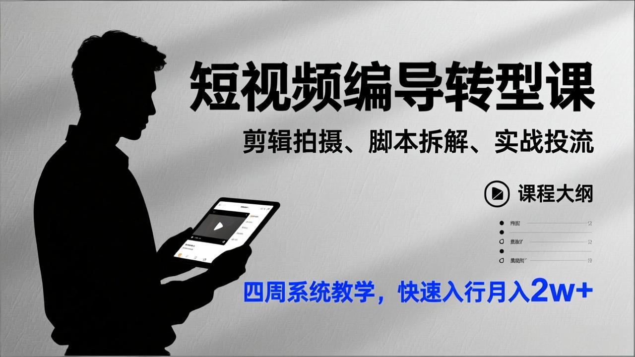 短视频编导转型课，剪辑拍摄、脚本拆解、实战投流，四周系统教学，快速入行月入2w+-紫橙资源网