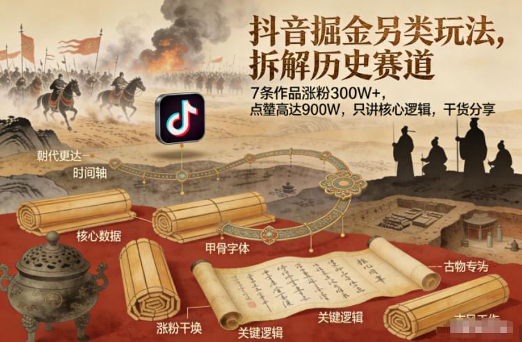 抖音掘金另类玩法，拆解历史赛道，7条作品涨粉300W+，点赞量高达900W，只讲核心逻辑，干货分享-紫橙资源网