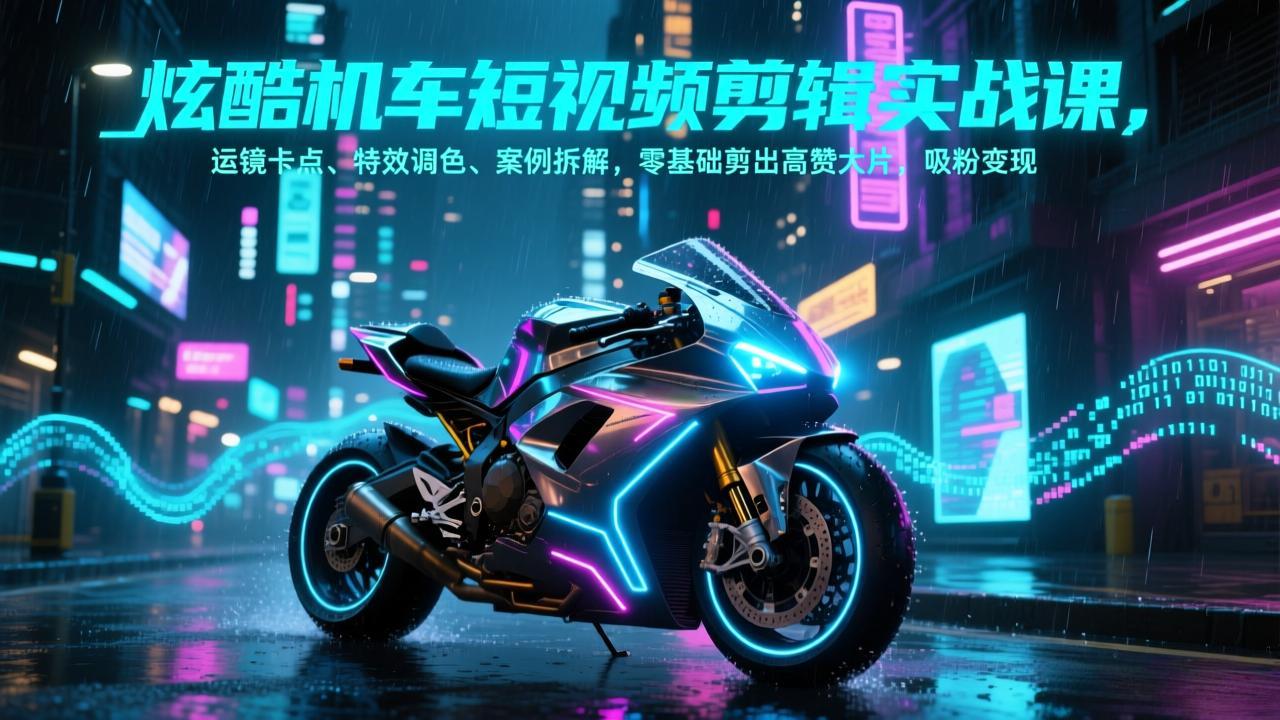 炫酷机车短视频剪辑实战课，运镜卡点、特效调色、案例拆解，零基础剪出高赞大片，吸粉变现-紫橙资源网