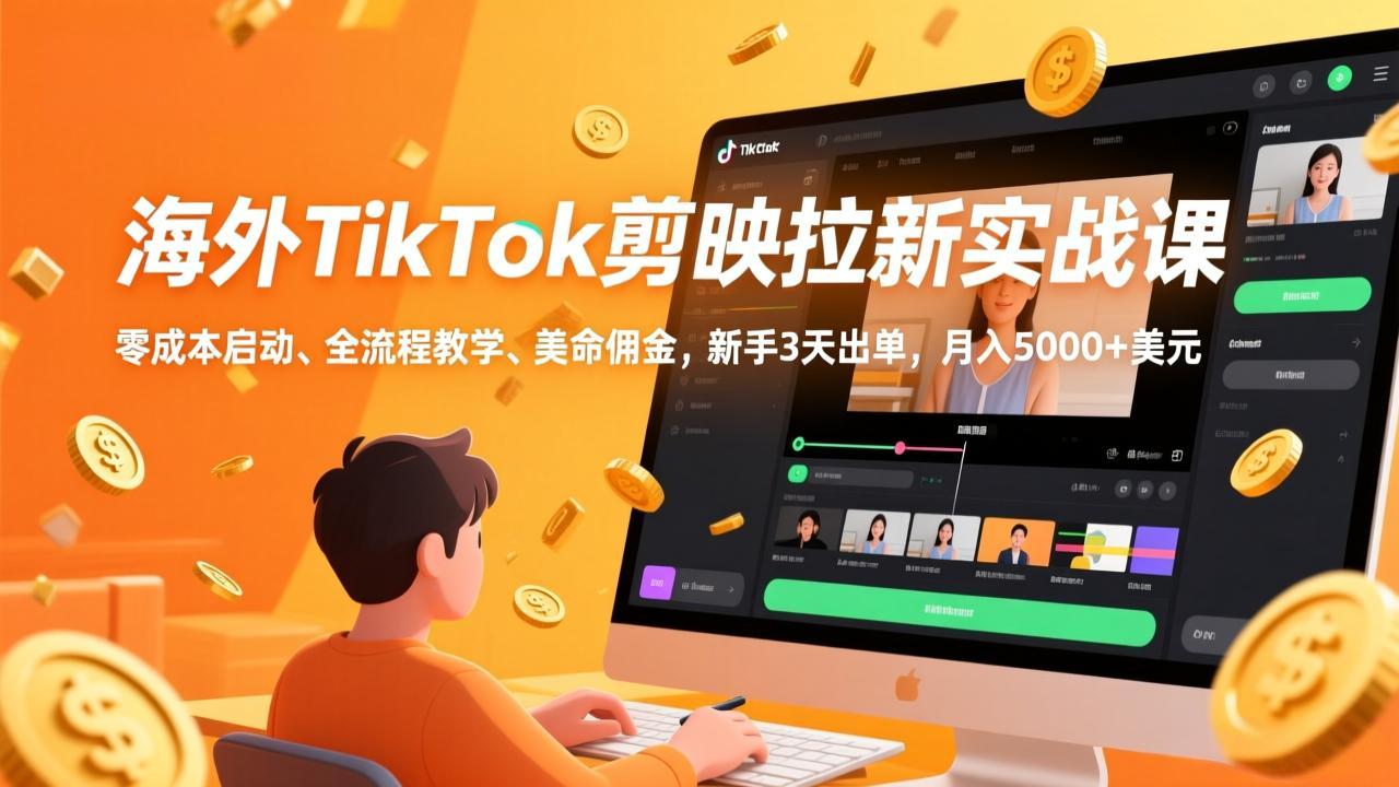 海外TikTok剪映拉新实战课,零成本启动、全流程教学、美金佣金,新手3天出单,月入5000+美元-紫橙资源网